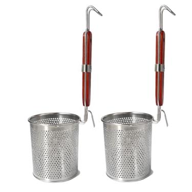 Imagem de Cesta de macarrão de aço inoxidável com cabo de madeira, coador de macarrão, malha de cozinha, coador de macarrão de aranha, escumadeira, comida, bolinho de massa, cesta de branqueamento