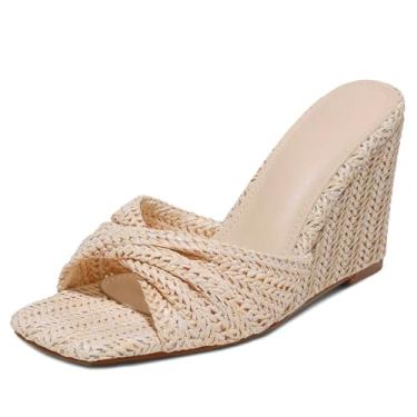 Imagem de EQAUDES Sandálias de cunha femininas de verão com ráfia trançada, sem cadarço, bico quadrado aberto, elegante, praia, noite, Bege, 37