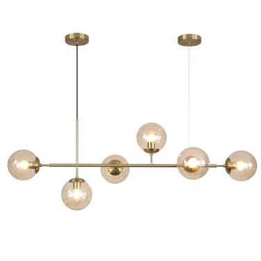 Imagem de Lustre Linear Globe com 6 Lâmpadas em Vidro Âmbar, Luminária Pendente Dourada para Ilha de Cozinha, Lustre Longo Sputnik em Latão, Luminárias para Sala de Jantar sobre a Mesa