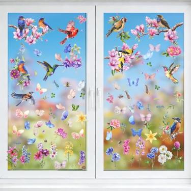 Imagem de Sucrain Adesivo para janela de primavera, 9 folhas tulipa borboleta flor beija-flores decalque de janela reutilizável dupla face decoração de janela para casa, escritório, exibição de vidro ou sala de