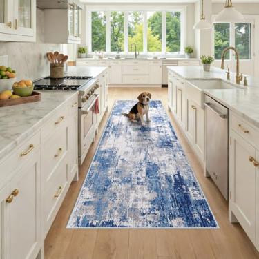 Imagem de RELEANY Tapetes laváveis 8 x 20 cm, modernos, abstratos, macios para sala de estar, entrada, quarto, berçário, padrão estampado, azul, cinza, azul marinho e cinza