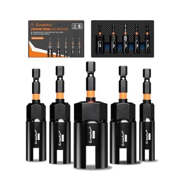 Imagem de Crosstar Conjunto de 5 chaves de porca de asa, mangas de haste sextavada de 1/10.2 cm, aço CR-V durável e antiferrugem, serve para furadeira de impacto e chaves de fenda elétricas para parafusos de