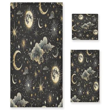 Imagem de xigua Conjunto de toalhas de banheiro estrelas luas absorvente macio 3 peças toalha de banho toalha de mão toalhas decorativas para banheiro, academia, hotel, praia, piscina
