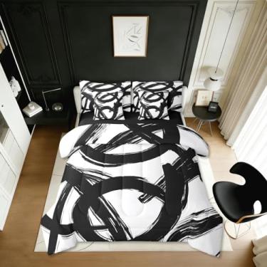Imagem de Erosebridal Conjunto de edredom abstrato preto e branco, 7 peças, cama de casal em uma bolsa, moderno, graffiti, minimalista, simples, simples, geométrico, pintura a tinta, colcha estética
