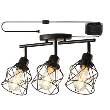 Imagem de vivihobb Kit de iluminação de trilho com plugue preto regulável, 3 luzes de teto com cabo de 40 cm, cabeça de luz giratória flexível, estilo moderno de fazenda industrial (lâmpadas não incluídas)
