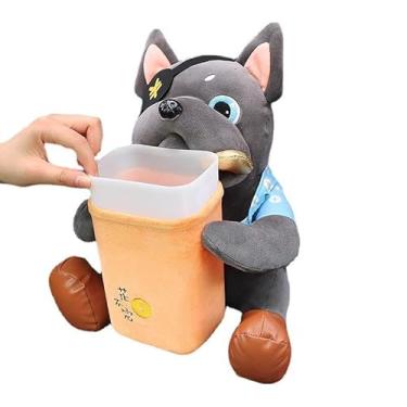 Imagem de Fun365 Porta-Objetos para Carro em Pelúcia, Cachorro Bulldog Cinza com Bandana Azul, Suporte para Lenços de Papel, Decoração Automotiva