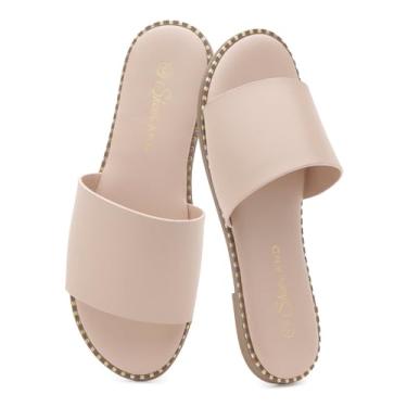 Imagem de Shoe Land Sandálias rasteiras femininas – Deslizantes com palmilha acolchoada | Sandálias de verão confortáveis, elegantes e casuais de bico aberto para praia, viagens e uso diário, Bege, 35