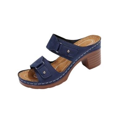 Imagem de Sandálias femininas de salto plus size com bico redondo e salto grosso para uso casual e confortável, Azul-royal escuro, 38