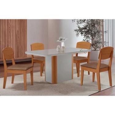 Imagem de Conjunto: Mesa de Cozinha Pietá c/ Tampo Madeirado c/ Vidro Canto Curvo 120x80cm e 4 Cadeiras Havana Naturale/Off White - Corano Capuccino - Rufato