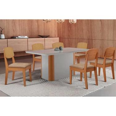 Imagem de Conjunto: Mesa Sala Jantar Pietá Tampo c/ Vidro Curvo 180cm+6 Cadeiras Havana Naturale/Off White - Linho Bege - Rufato