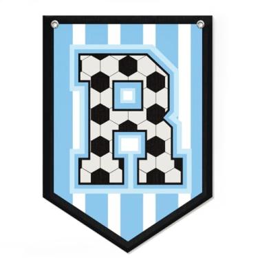 Imagem de Decoração de faixa de futebol letra R, decoração de quarto de meninos com nome bandeira de galhardete personalizada para meninos, decoração de arte de parede de berçário esportivo vintage, placa de