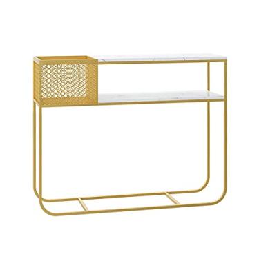 Imagem de Mesa lateral de console, mesa de console de 2 camadas, mesa de sofá com moldura de metal, mesa de entrada de mármore com prateleira de armazenamento, para sala de estar, sala de jantar, corredor,