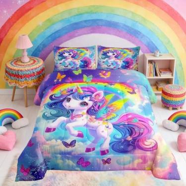Imagem de Feelyou Conjunto de edredom para meninas, solteiro, de unicórnio, arco-íris, para crianças, meninos, meninas, princesas, edredom para decoração de quarto, microfibra, 2 peças com 1 fronha