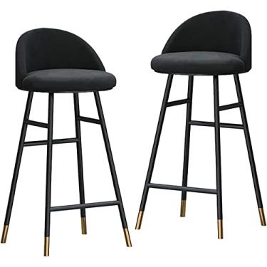 Imagem de Banquetas de bar conjunto de 2 bancos de bar de cozinha com assento estofado de tecido de veludo com encosto e pernas de metal dourado preto e cadeiras de balcão de cozinha para café da manhã