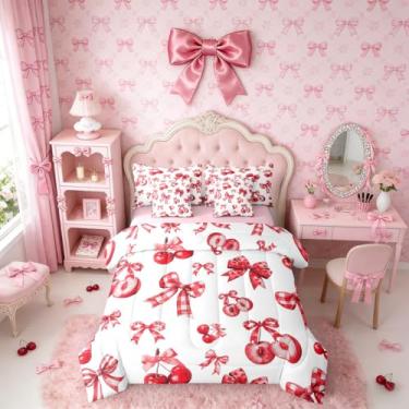 Imagem de Erosebridal Conjunto de cama casal, com laço vermelho, 7 peças, princesa sonhadora, com laço kawaii, para decoração de quarto de crianças, adolescentes, mulheres, conjunto de edredom com estampa de