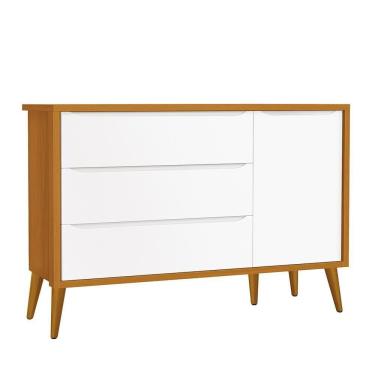 Imagem de Cômoda Infantil 1 Porta E 3 Gavetas Theo Retrô Branco Savana Com Pés Amadeirado Reller Móveis Branco Savana