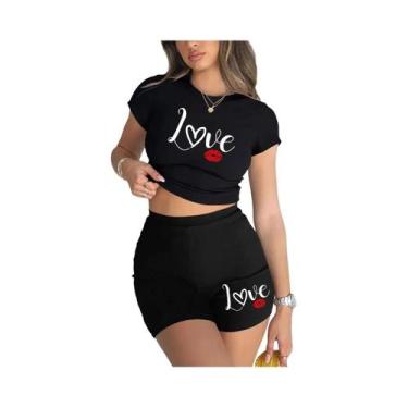 Imagem de Conjunto Feminino De Top Cropped E Shorts Com Estampa De Lábios, Macio