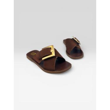 Imagem de Sandália Rasteira Feminina Com Fivela Metal Terra/Ouro Fosco - LITTZ, 
