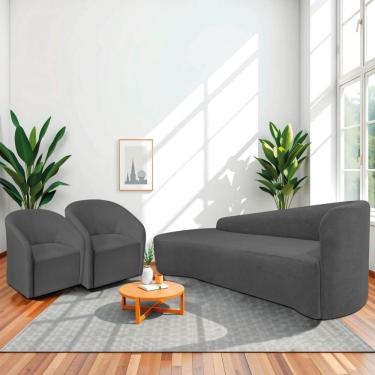 Imagem de Kit Sofá Curvo França 220cm L.e E 2 Poltronas Luiza Max Conforto, Elegância E Design Moderno Linho Cinza Escuro