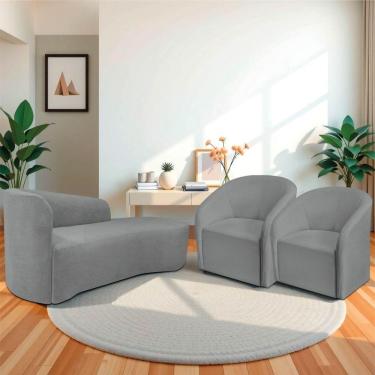 Imagem de Kit Sofá Curvo França 160cm Ld. E 2 Poltronas Luiza Max Conforto, Elegância E Design Moderno Bouclé Cinza