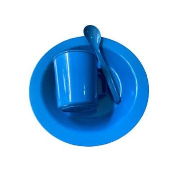 Imagem de Kit Merenda Escolar Prato Colher Caneca plástica Azul - 12 pçs - MMTA