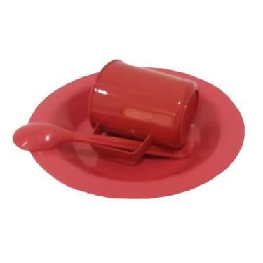 Imagem de Kit Merenda Escolar Vermelho Prato Colher Caneca Plástica 300 ML - 25 