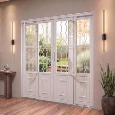 Imagem de Porta de Aço de Correr 213x200cm 4 Folhas com Grade Mosaico e Vidro Li