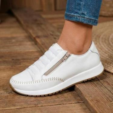 Imagem de Tênis Feminino Couro Legitimo Ajuste Elástico Zíper Lateral Bella Dama-Feminino