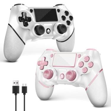 Imagem de AceGamer Pacote com 2 para controle PS4, controle sem fio para PS4/Pro/Slim/PC, com aderência antiderrapante de ambos os lados, conector de áudio de 3,5 mm e cabo USB-C! (rosa e branco)