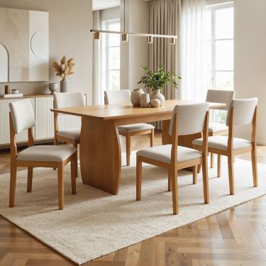 Imagem de Conjunto Sala de Jantar 6 Lugares Retangular Tampo Mdf Mesa e Cadeiras Carol Cinamomo/Off White/Palha