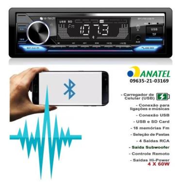 Imagem de Auto Radio Mp3 Automotivo E-Tech Premium Plus Bluetooth Usb Sd Aux Rad