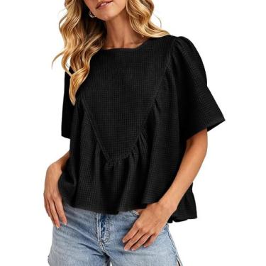 Imagem de Blusa feminina Ziqoty de manga curta Peplum Waffle Knit preta