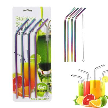 Imagem de Kit 4 Canudos Curvos Reutilizáveis de Aço Inoxidável 304 Coloridos com Escova de Limpeza AB Mídia