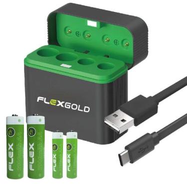 Imagem de Carregador De Pilhas Usb C C/ Indicador + Pilhas 2AA e 2AAA - Flex