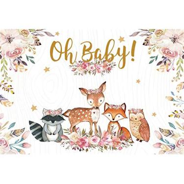 Imagem de Yeele Pano de fundo de 2,1 x 1,5 m Boho Woodland Baby Floral Safari Jungle Woodland Animais Fotografia Fundo Infantil Bebê Mesa de Bolo Foto Studio Adereços