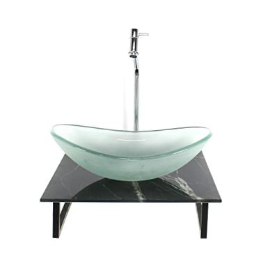 Imagem de KIT CUBA DE VIDRO OVAL 10MM JATEADA COM TAMPO DE VIDRO 40CM X 40CM MÁRMORE PRETO E SUPORTE TORNEIRA VALVULA