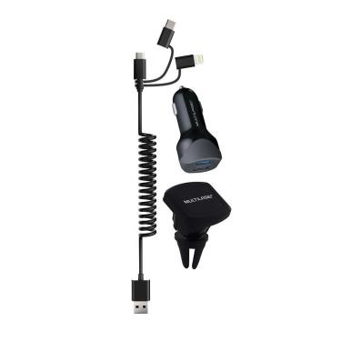 Imagem de Kit Carregador veicular 3 em 1 USB + Type-C + iPhone com Suporte Magnético Preto Multilaser - CB134