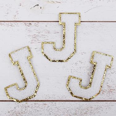 Imagem de Pacote com 3 adesivos de Chenille Iron On Glitter Varsity Letter 5 cm de altura "J" - Tecido de chenille branco com acabamento em glitter dourado - Costurar ou passar a ferro - 5 cm WHT J