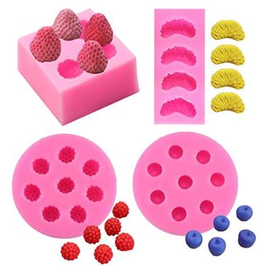Imagem de 4 peças de moldes de morango, segmentação de tangerina, framboesa e blueberry, molde de chocolate de silicone laranja de frutas 3D para bolo, cupcake, decoração de topo, sabonete, cera, vela, molde