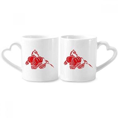 Imagem de Conjunto de canecas de porcelana para casal, padrão vermelho lótus, lanterna chinesa, coração