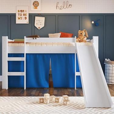 Imagem de Cama Infantil Elevada com Escorregador e Cortina Completa Móveis Branco/azul