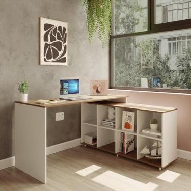 Imagem de Mesa em L Escrivaninha Kubus com 8 Nichos Branco/Amadeirado