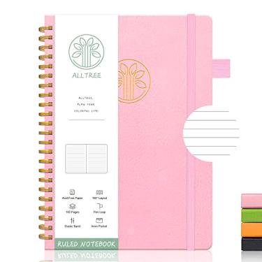Imagem de ALLTREE Caderno de diário forrado caderno espiral de couro capa dura duplo fio espiral caderno encadernado com caneta loop adesivos de bolso fita 160 páginas diário para mulheres e homens rosa (15 cm