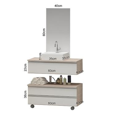 Imagem de Gabinete Banheiro Creta 60cm (02 armários + cuba + espelho) (Branco/Cinza)