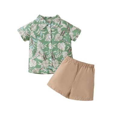 Imagem de Verdusa Conjunto de 2 peças de camisa e shorts de manga curta com estampa tropical para meninos, Verde, marrom, 4 Anos