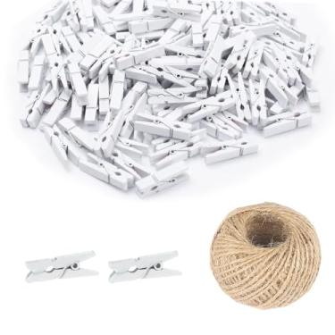 Imagem de 200 peças mini clipes de madeira natural de 25 mm prendedor de roupa DIY festa de casamento clipes de clipe de madeira pinos com fio de juta de 98 pés (branco)