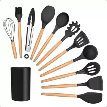 Imagem de Kit 12 Utensílios De Cozinha Em Silicone E Cabo De Madeira Jogo De Utensílios Resistente ao Calor Antiaderente Premium (Preto)