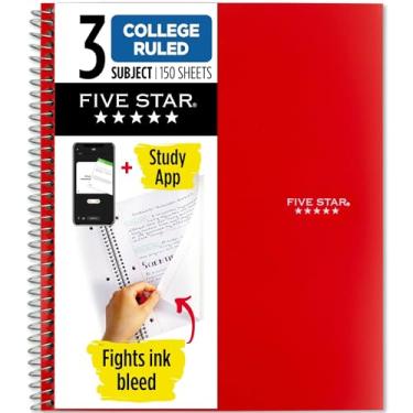 Imagem de Five Star Caderno espiral + aplicativo de estudo, 3 matérias, papel pautado para faculdade, 150 folhas, 28 x 21 cm, vermelho fogo, 1 unidade (72065)