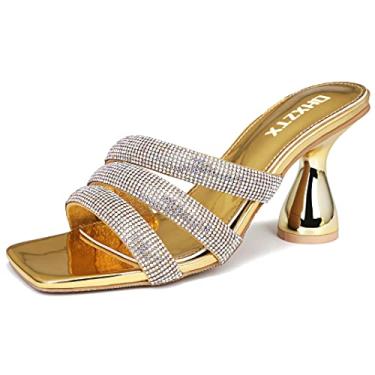 Imagem de OHXZTX Sandálias femininas quadradas com strass sem cadarço, peep toe, salto grosso, mules, moda sexy, vestido de casamento aberto nas costas, chinelos de salto alto, Dourado, 6.5