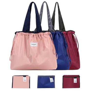 Imagem de MVSCOCEAN Sacos de compras reutilizáveis, sacolas de compras coloridas, laváveis na máquina, dobráveis, duráveis, leves, conjunto de 3 (azul, rosa, marrom)